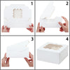 Four steps demonstrating how to assemble clear window cake boxes with a secure base