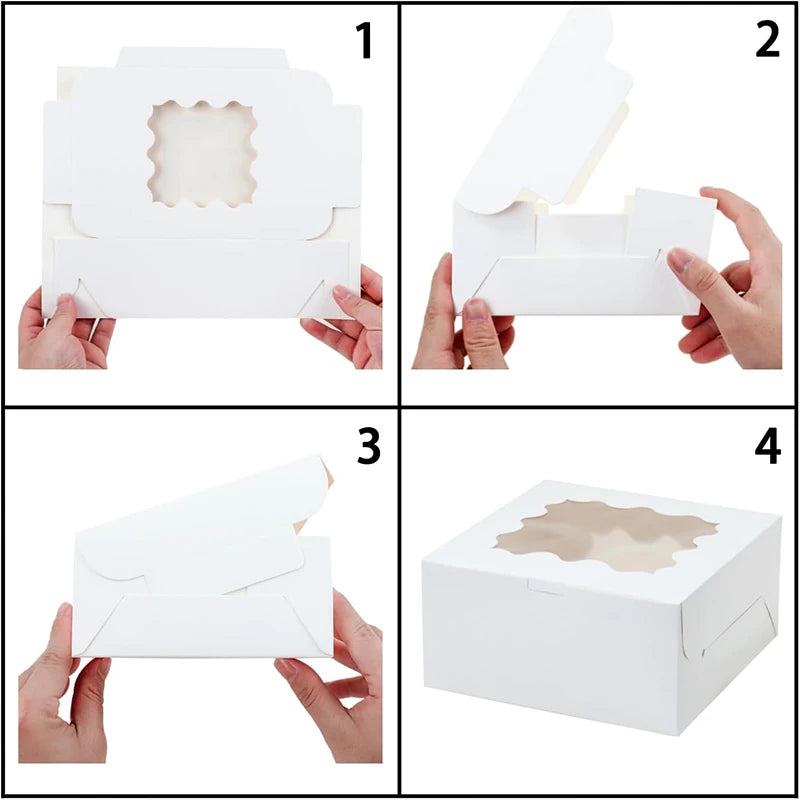 Four steps demonstrating how to assemble clear window cake boxes with a secure base