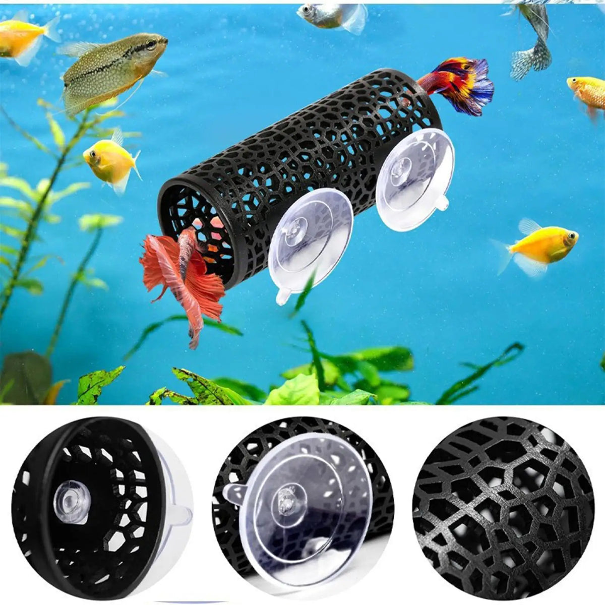 Black aquarium hideout tube with suction cups for betta and small fish shown against a blue aquatic background