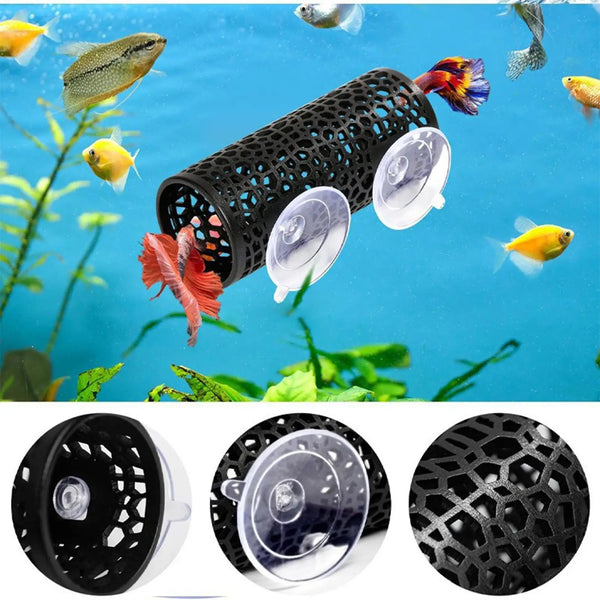 Black aquarium hideout tube with suction cups for betta and small fish shown against a blue aquatic background