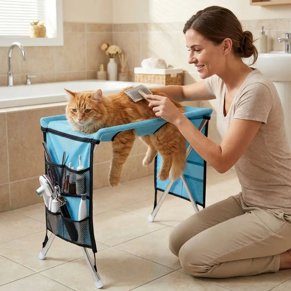 A woman is using a foldable pet grooming hammock to trim the nails of an orange cat in a kitchen setting.