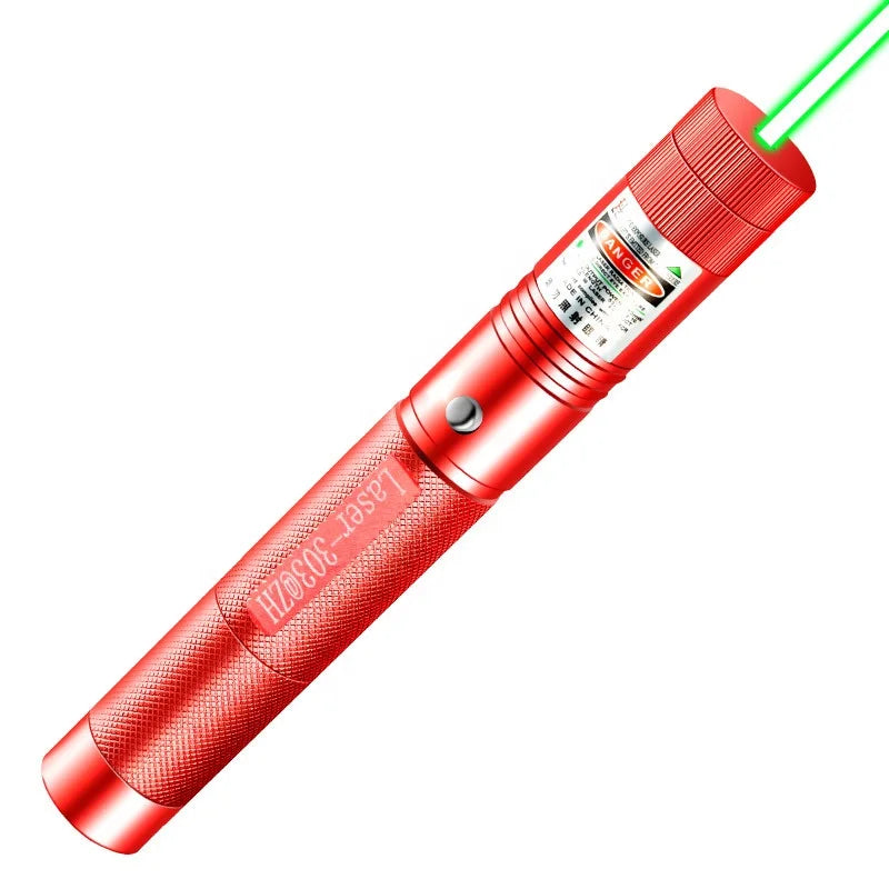 A red laser pointer with a green beam, designed for cats and presentations.
