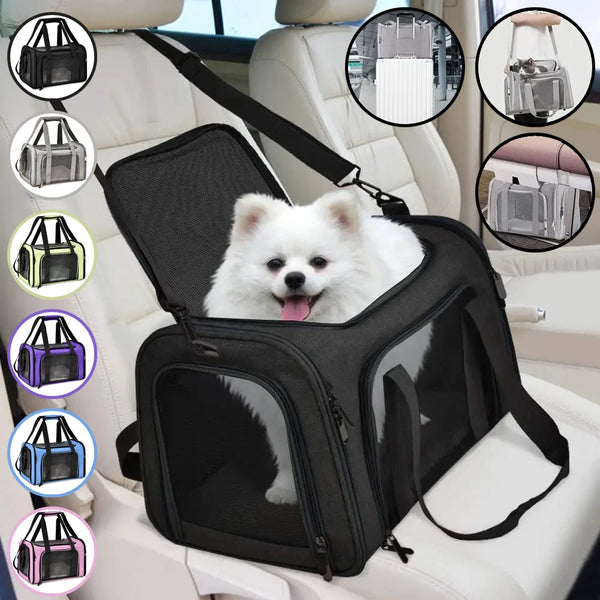 A black portable pet carrier bag with a white dog inside, shown in a car seat context.