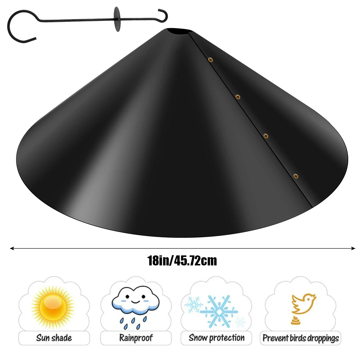 Black conical baffle guard for squirrel proofing, featuring sun shade, waterproof, snow protection, and bird dropping prevent