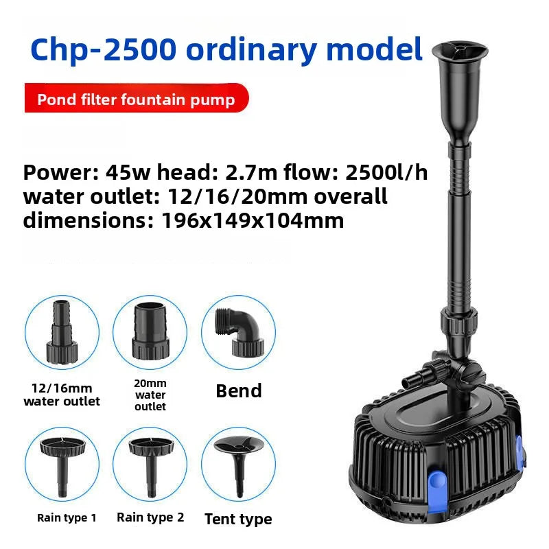 Pompe de filtre de bassin noire Chp-2500 avec différents types de buses : pluie, tente et standard