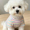 A fluffy white dog wearing a striped cotton t-shirt with pastel colors.