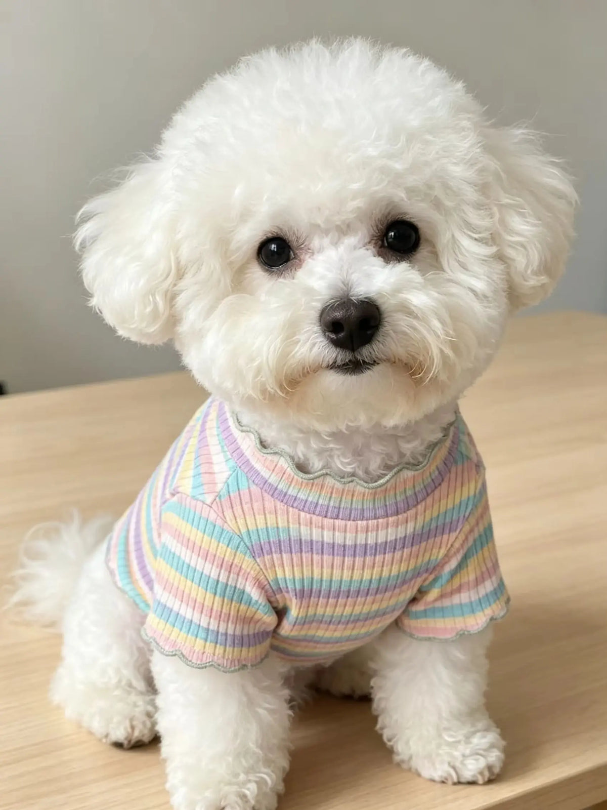 A fluffy white dog wearing a striped cotton t-shirt with pastel colors.