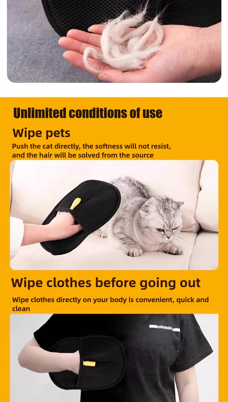 A hand is using a black reusable pet grooming glove to wipe a cat's fur.