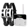 A white dual function dog training collar with a black strap and a remote trainer device.