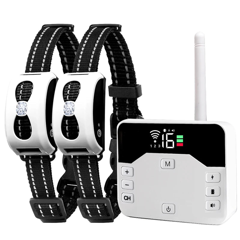 A white dual function dog training collar with a black strap and a remote trainer device.