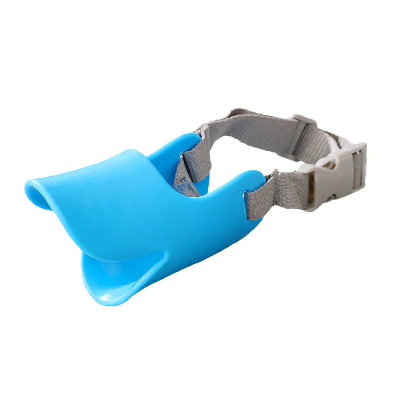 A blue muzzle training device with a gray strap for small dogs.