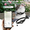 Un gato con collar de rastreo negro junto a un smartphone que muestra notificaciones de ubicación de mascotas.