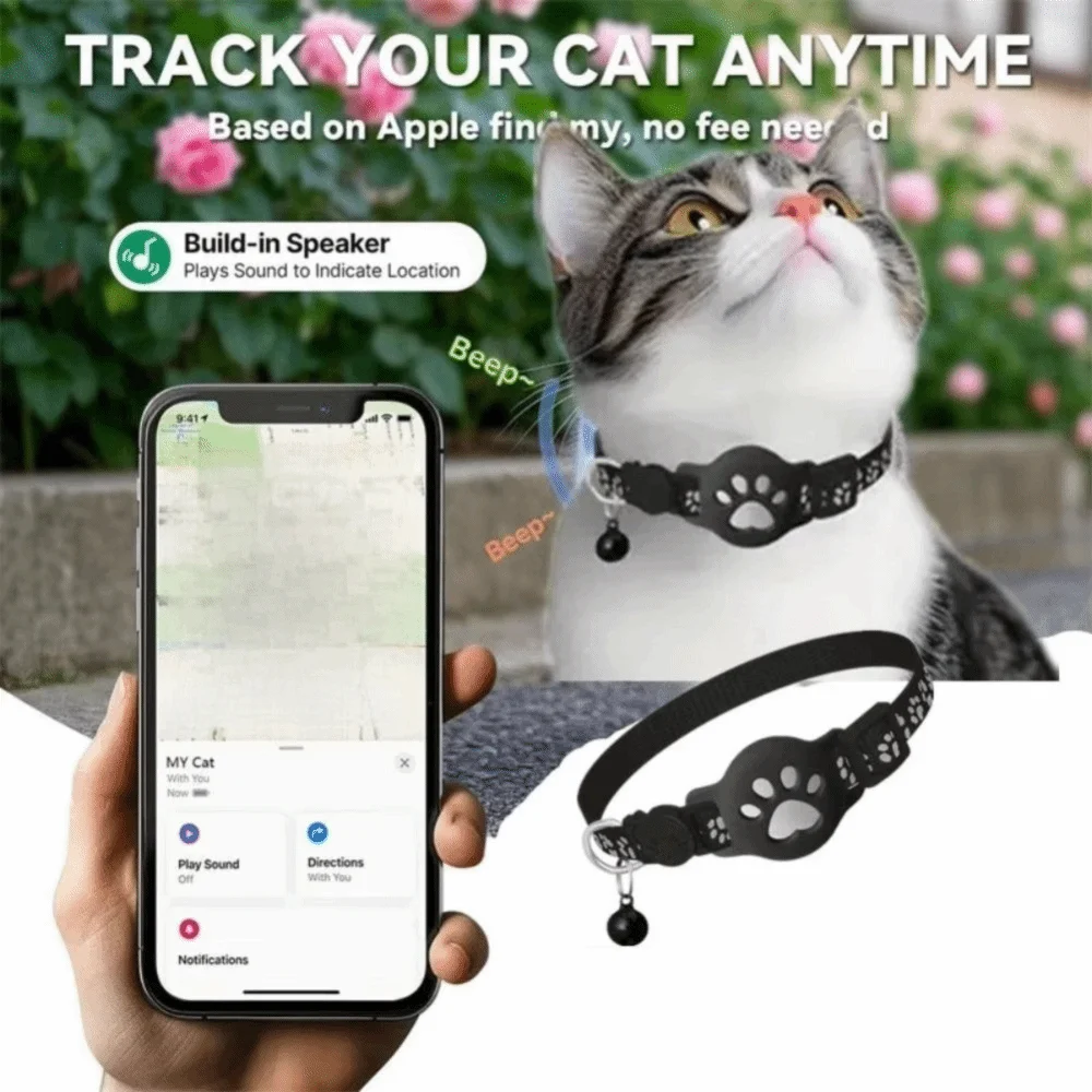 Un gato con collar de rastreo negro junto a un smartphone que muestra notificaciones de ubicación de mascotas.