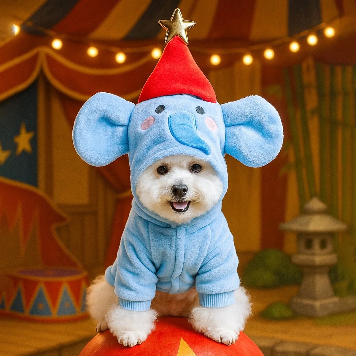 A fluffy blue elephant-themed costume for a small dog sitting on an orange surface.