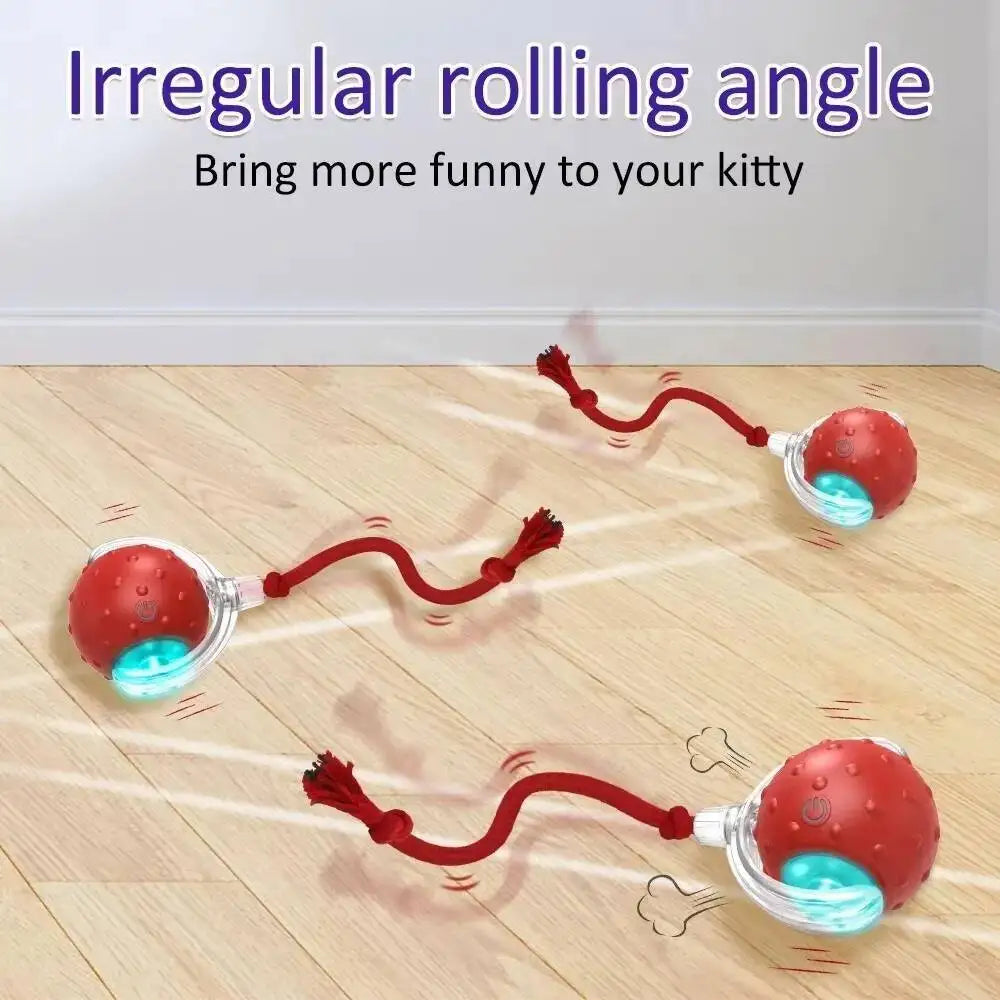 A red, irregular rolling angle cat toy is shown moving across a wooden floor.