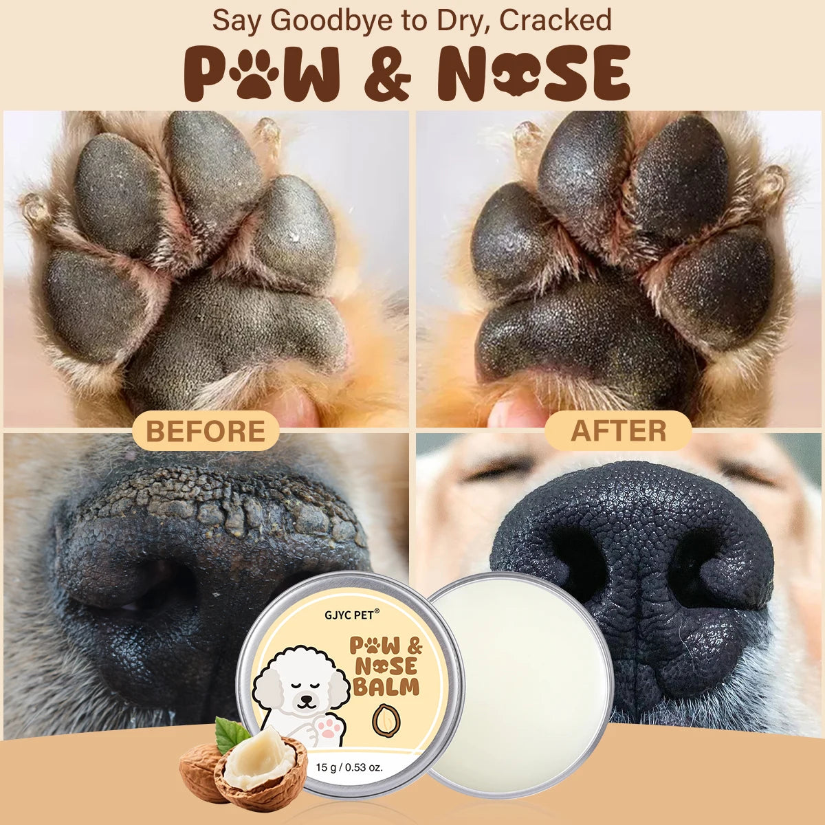 Before and after images showing a pet's paw and nose treated with POW & NOSE BALM