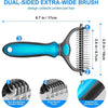 A dual-sided brush with a blue handle and stainless steel bristles shown in three views.