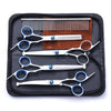 A black case containing a 5-in-1 stainless steel grooming scissors set for dogs and cats.