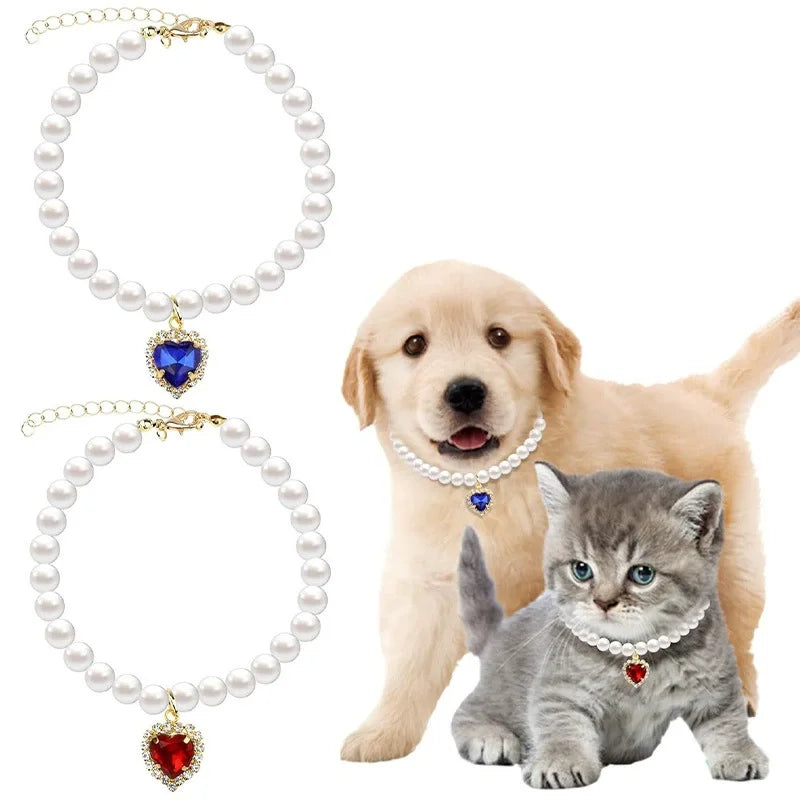 Un collier en or avec un pendentif de perle, à côté d'un golden retriever et d'un chaton gris.