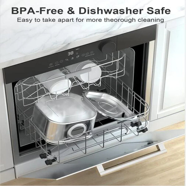 Stainless steel pet water fountain with a visual window and filtration system inside an oven.