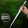 A hand holds a stainless steel aquarium plant tweezers set against a blurred green background of aquatic plants.