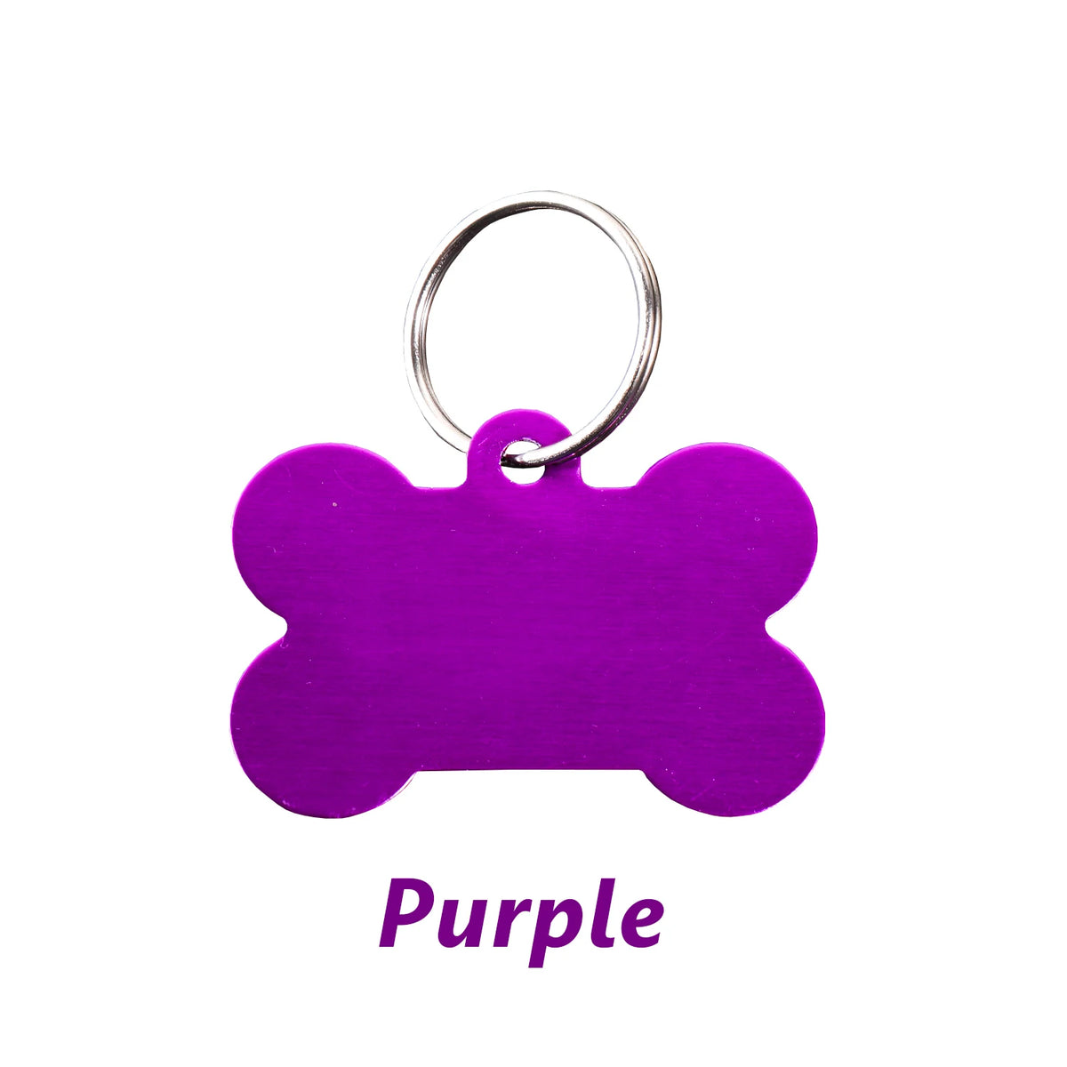Purple bone-shaped dog ID tag with a silver keyring.