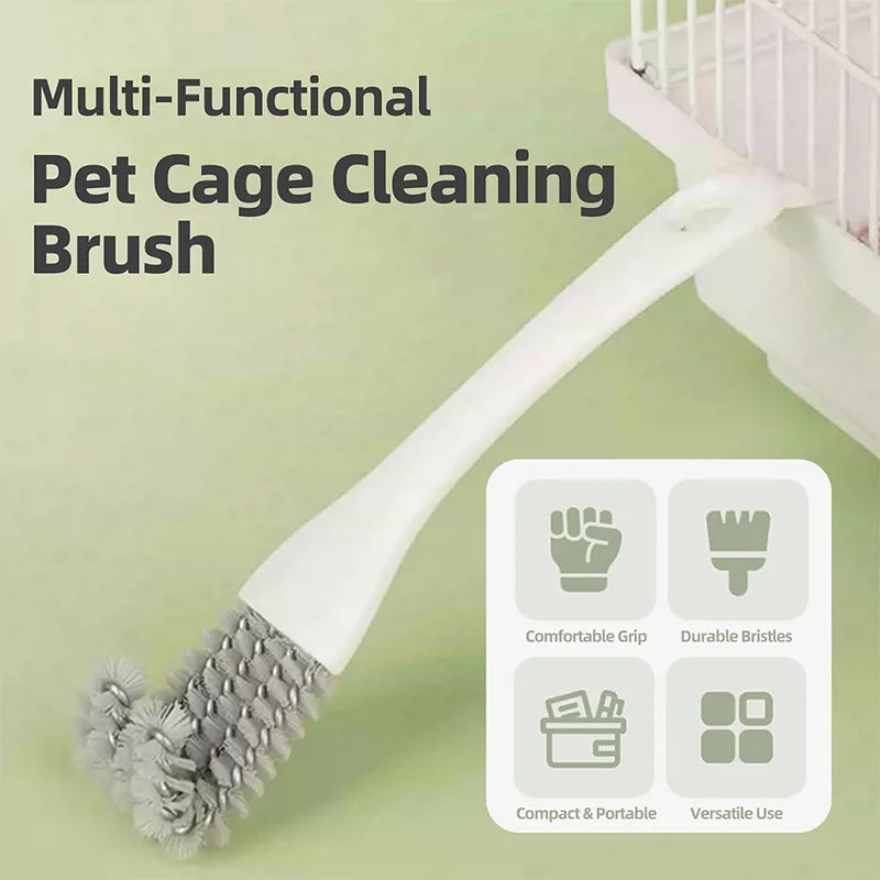 Brosse nettoyante multifonctionnelle blanche pour cage d'animal avec tête à poils, à côté d'une cage.