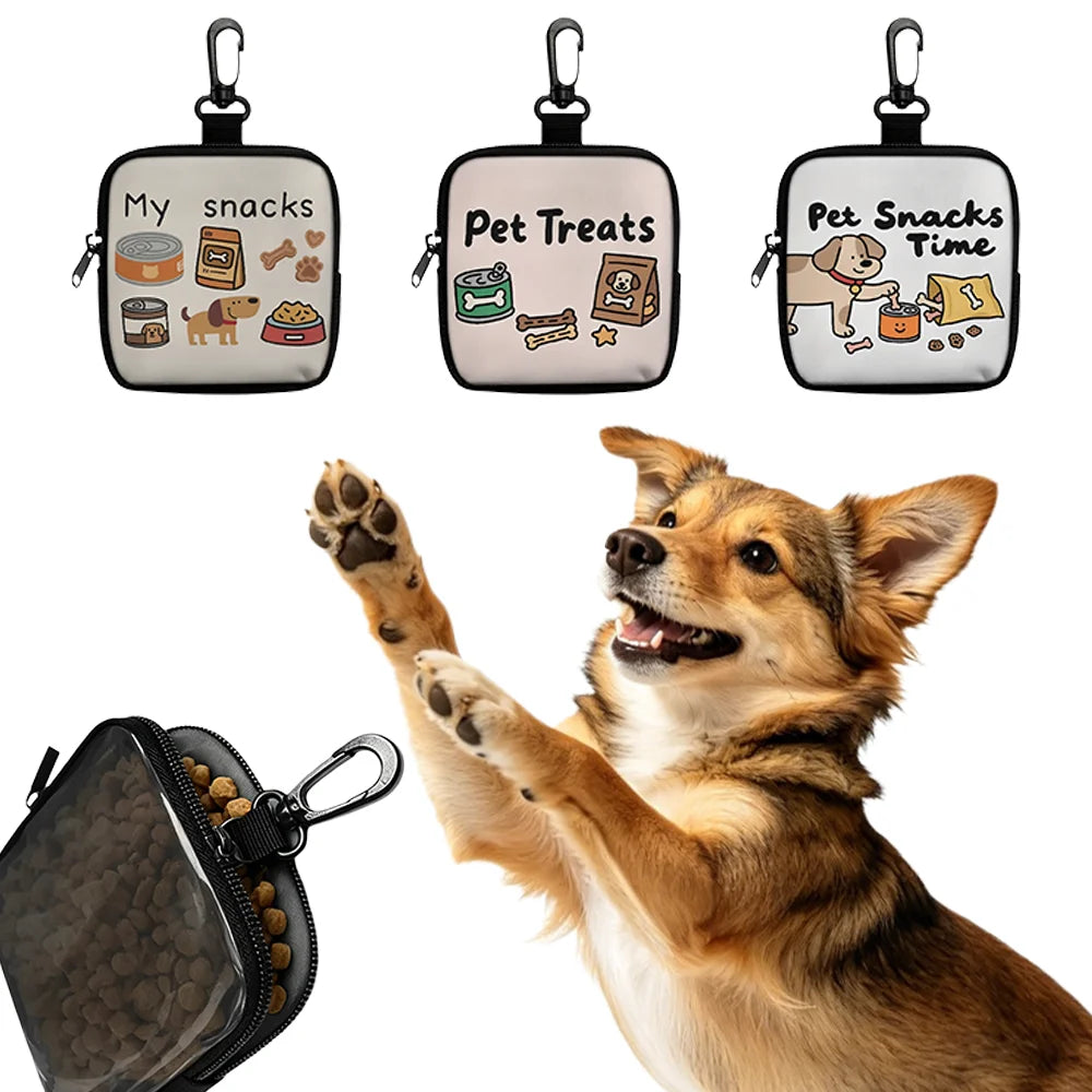 Three black pet treat pouches with hooks and zippers featuring dog-themed designs.
