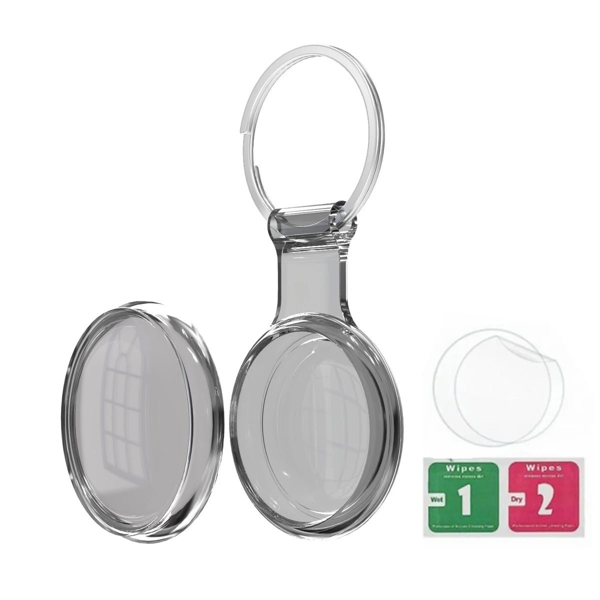 Clear silicone protective cover for an AirTag with a keychain loop and cleaning wipes