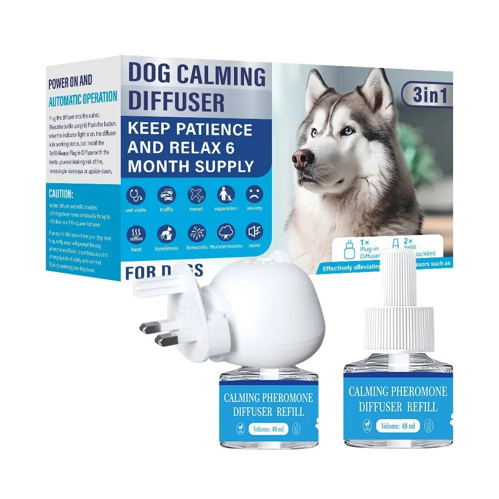 A box and two bottles of calming pheromone diffuser refills for dogs and cats.