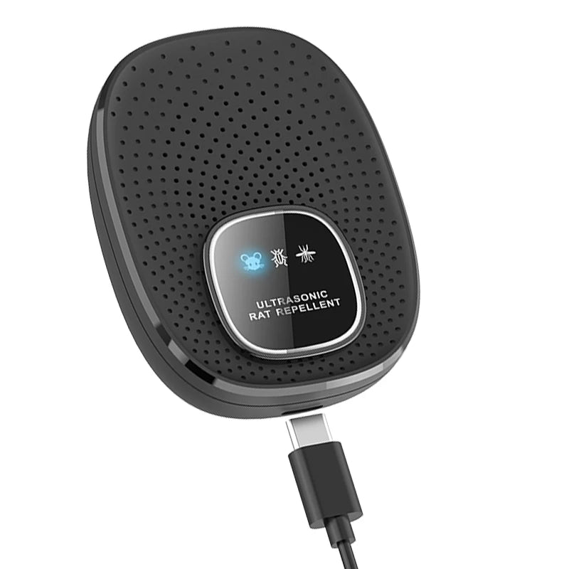 A black ultrasonic rat repellent device with a connector cable.