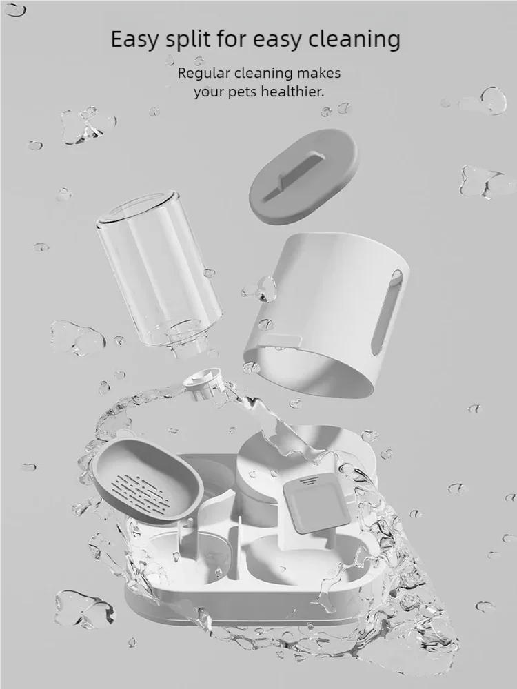 A white 2-in-1 automatic pet feeder and water dispenser is shown with water splashing around it.