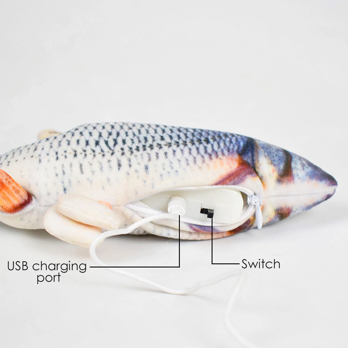 An interactive electric floppy fish cat toy with a switch and USB charging port.
