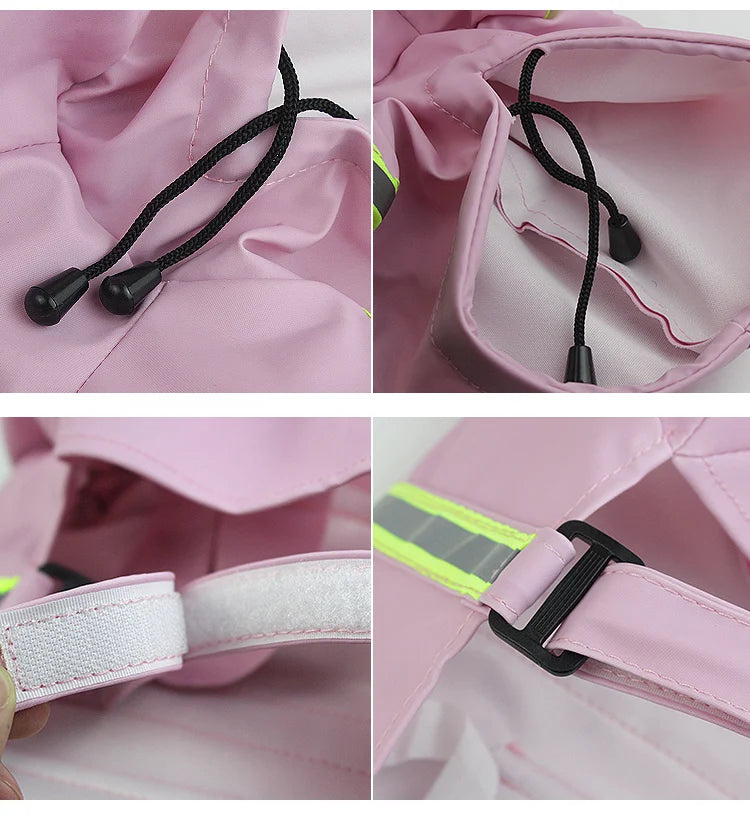 Close-up views of a pink waterproof reflective dog raincoat showing adjustable drawstrings and a snap closure detail.