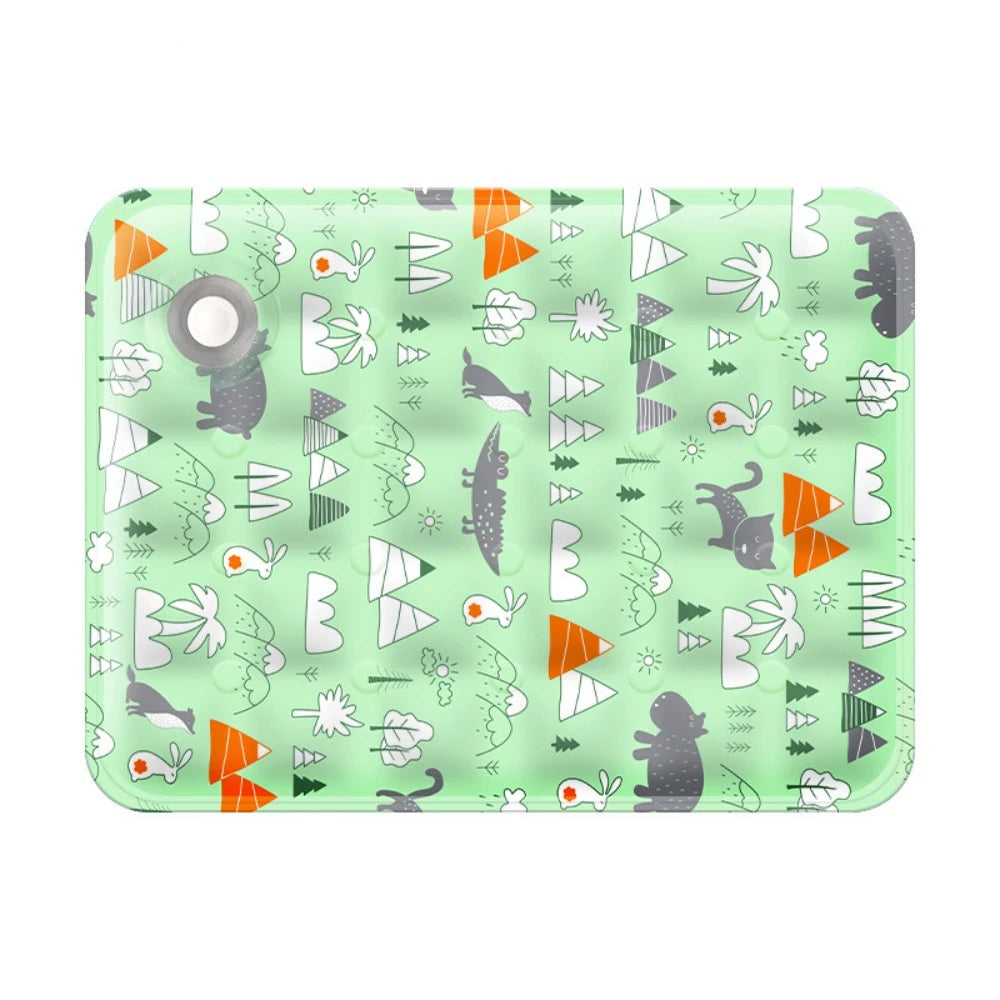 A light green pet cooling mat for dogs featuring various animal and geometric patterns.