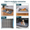 Washable and reusable pet pee pads shown in use on the ground, sofa, toilet, and car.