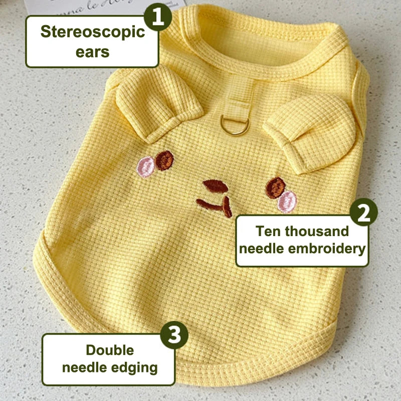 Yellow waffle knit pet vest featuring stereoscopic ears and ten thousand needle embroidery