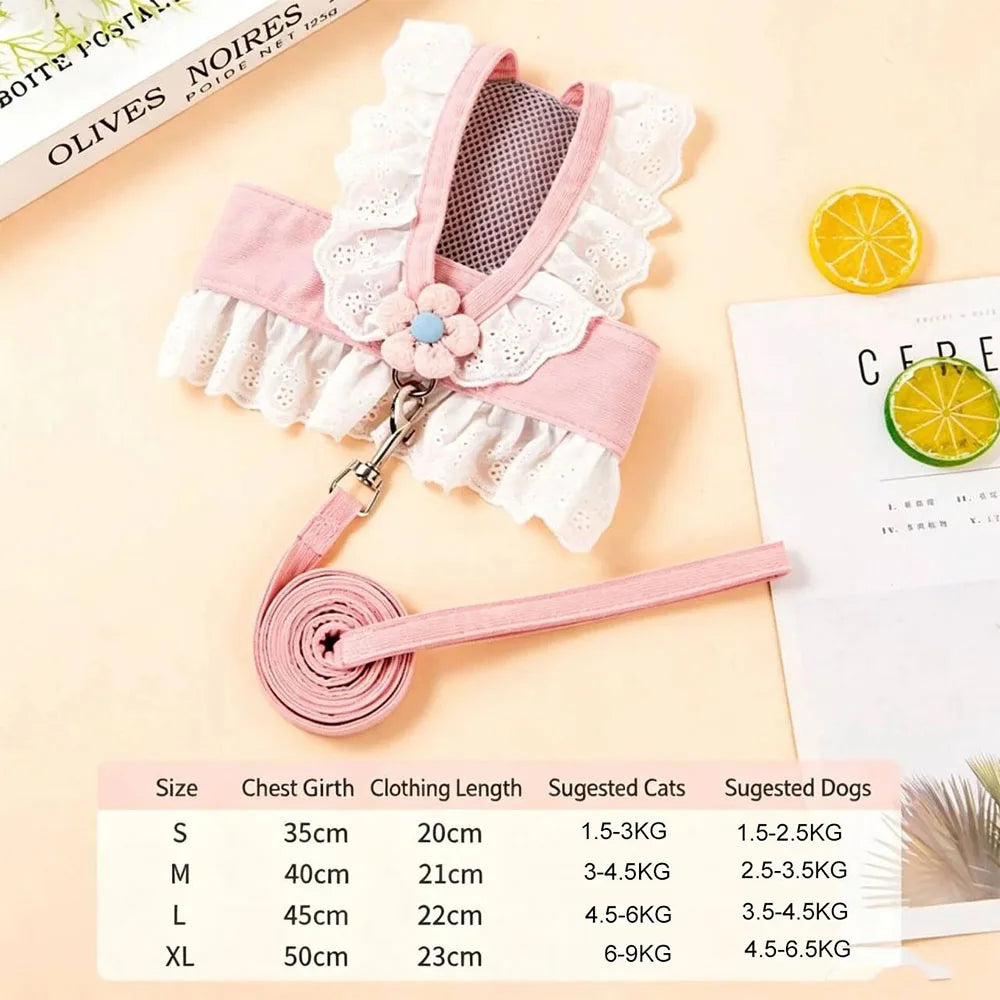 Pink floral princess cat harness and leash set with various size options listed below