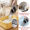 A gray integrated cat litter scoop with a hollow-out large shovel face is shown next to a yellow litter box and a cat.