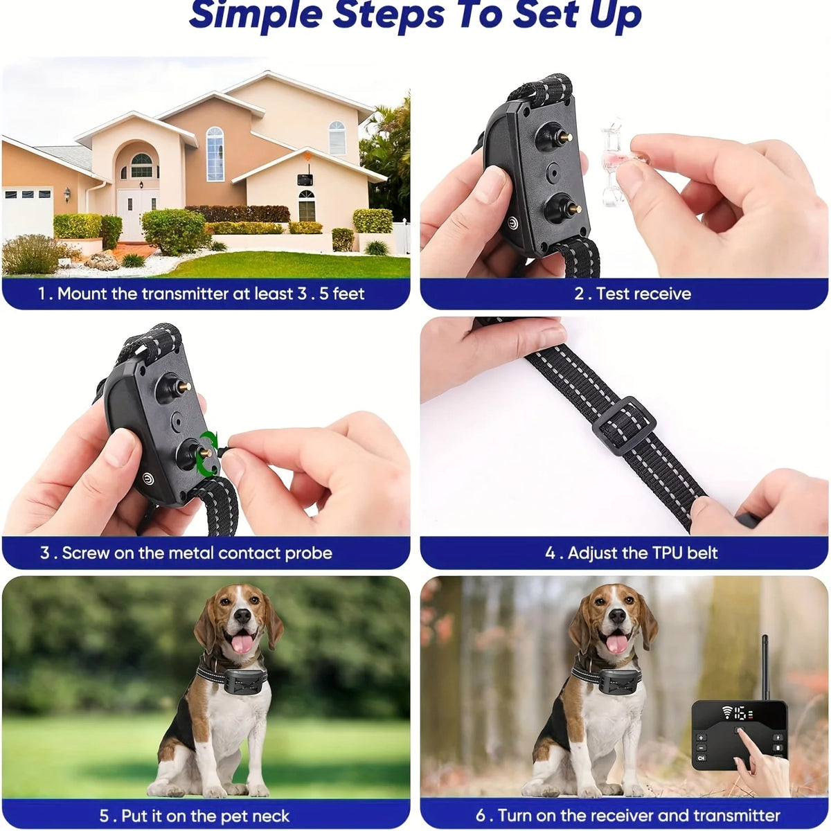 A six-step guide showing how to set up a portable pet training collar, including mounting the transmitter and testing the rec