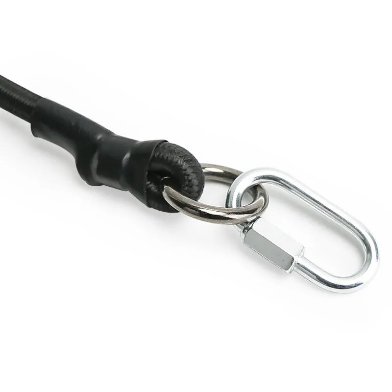 Black nylon quick-release dog leash with an elastic extension and a metal clip.