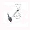 A gray, fuzzy cat toy with a string and a black bell attached, designed for interactive play.
