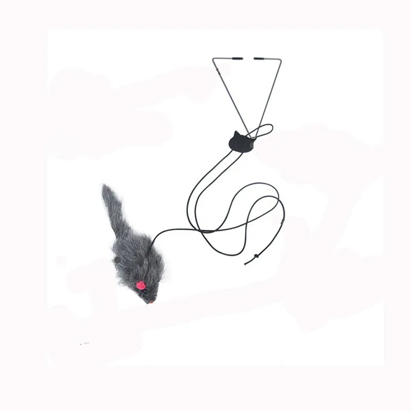 A gray, fuzzy cat toy with a string and a black bell attached, designed for interactive play.