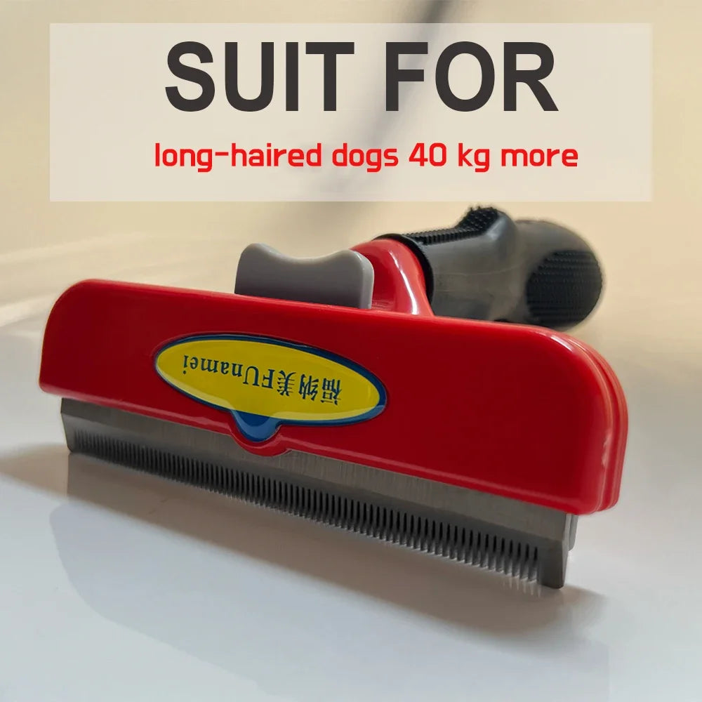 Red pet deshedding brush with a metal comb shown on a white surface.