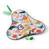A colorful, flat silicone toy shaped like a cat, featuring various shapes and a feather attached.