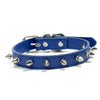 A dark blue studded leather dog collar with metal rivets.