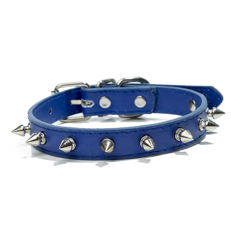A dark blue studded leather dog collar with metal rivets.
