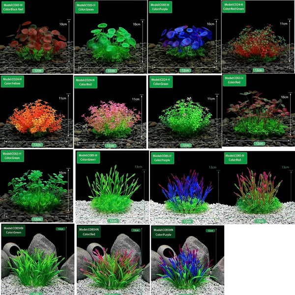 A collection of realistic artificial aquarium plants in various colors including green, red, purple, and yellow.
