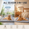 A 2-in-1 pet mat designed for all seasons, showing usage for summer and winter protection.