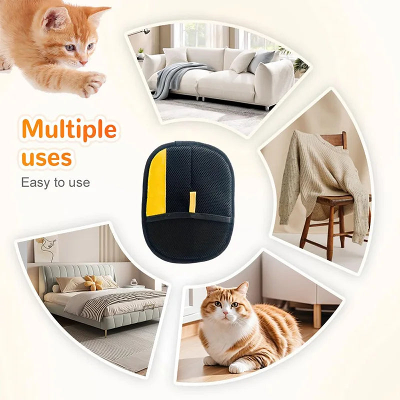 A double-sided pet grooming glove is shown in various uses, including for hair removal and cleaning pets.